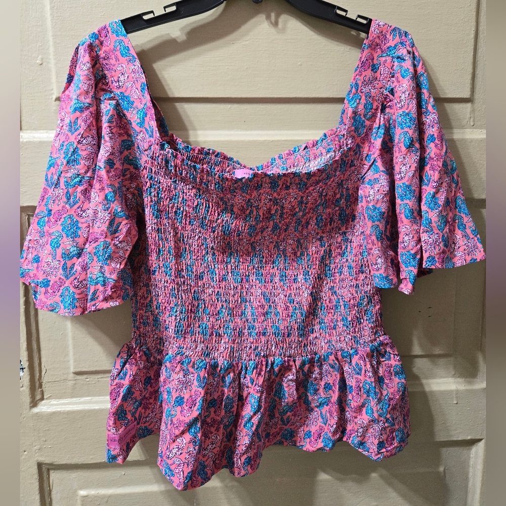 Simply Southern Shirred Smocked Seahorse & Coral Print Blouse NWT Size: Large